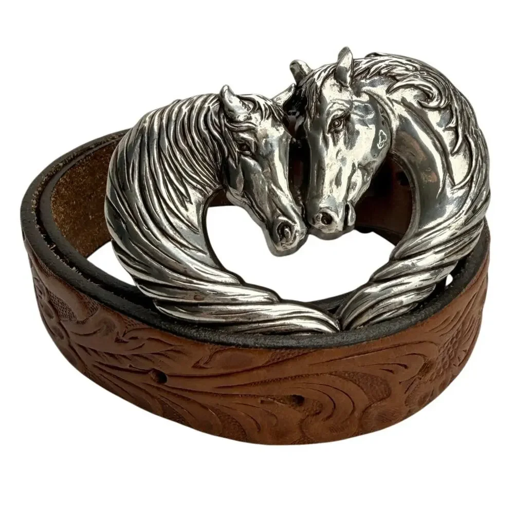 Vtg Justin Tooled Leather Horse Buckle Western Equestrian Belt Girls Size 20 USA